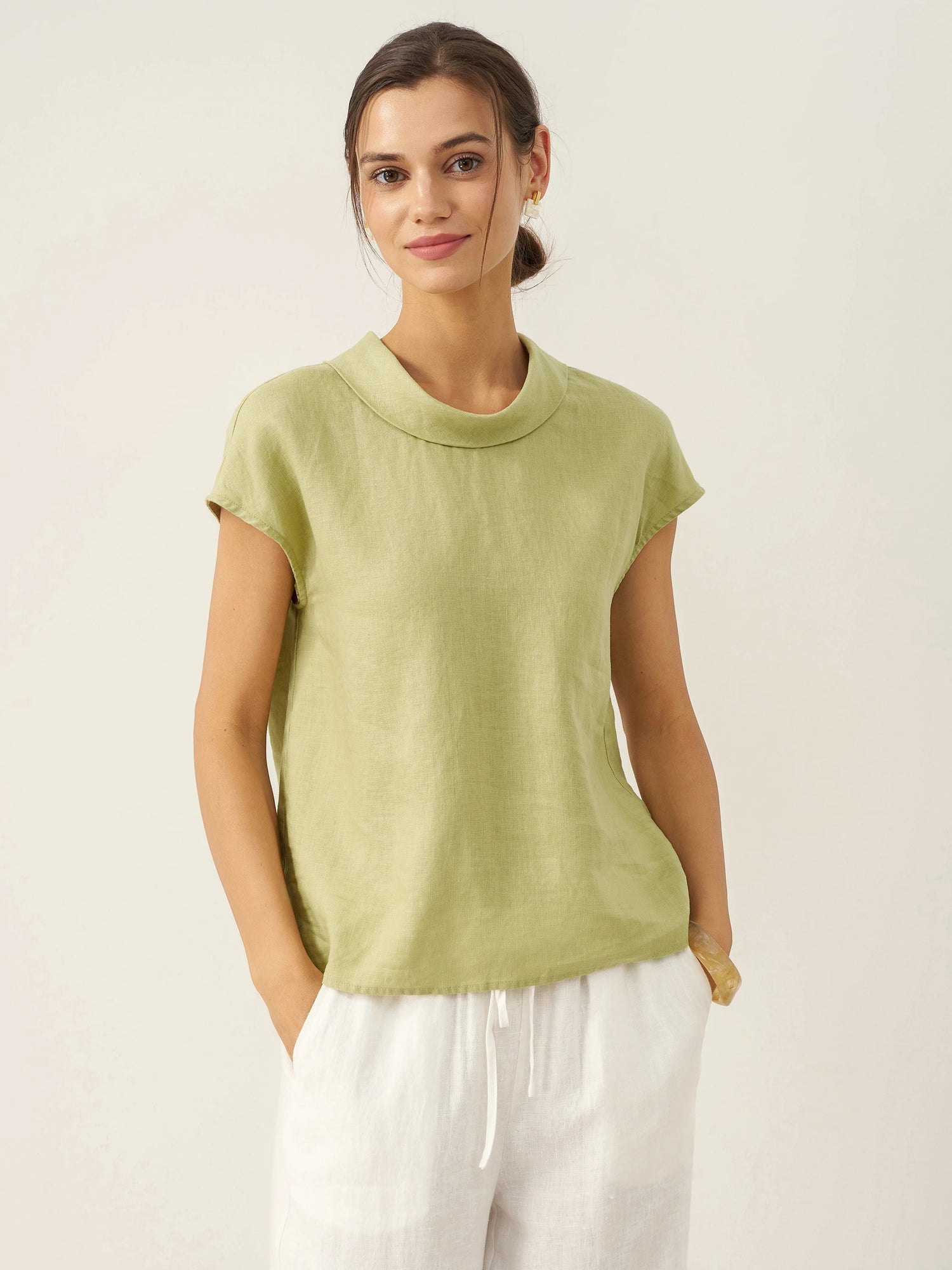 100% Linen Cap Sleeve Soft-Fold Collar Top YVONNE by LINTICO for women