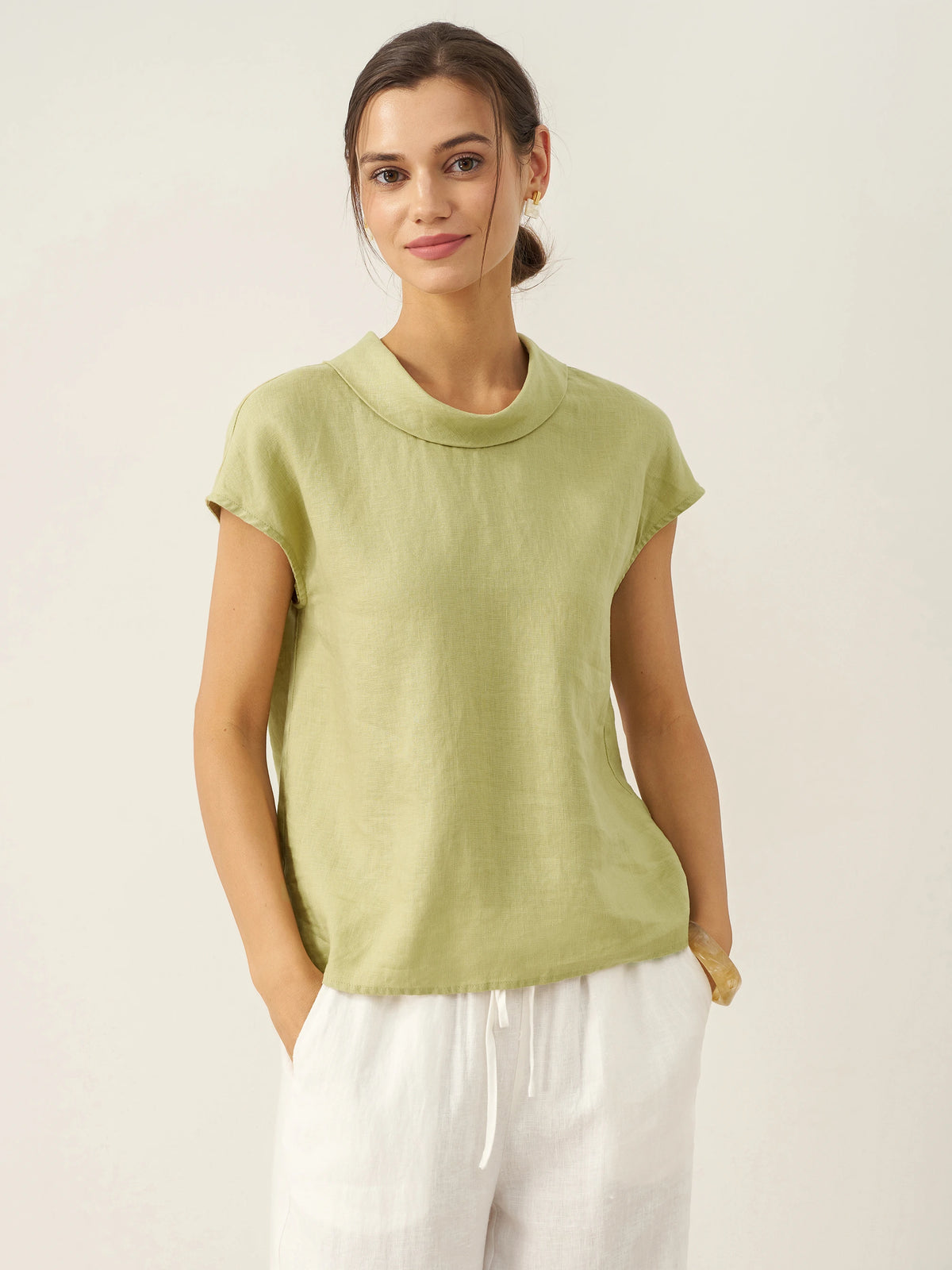 100% Linen Cap Sleeve Soft Fold Collar Top YVONNE