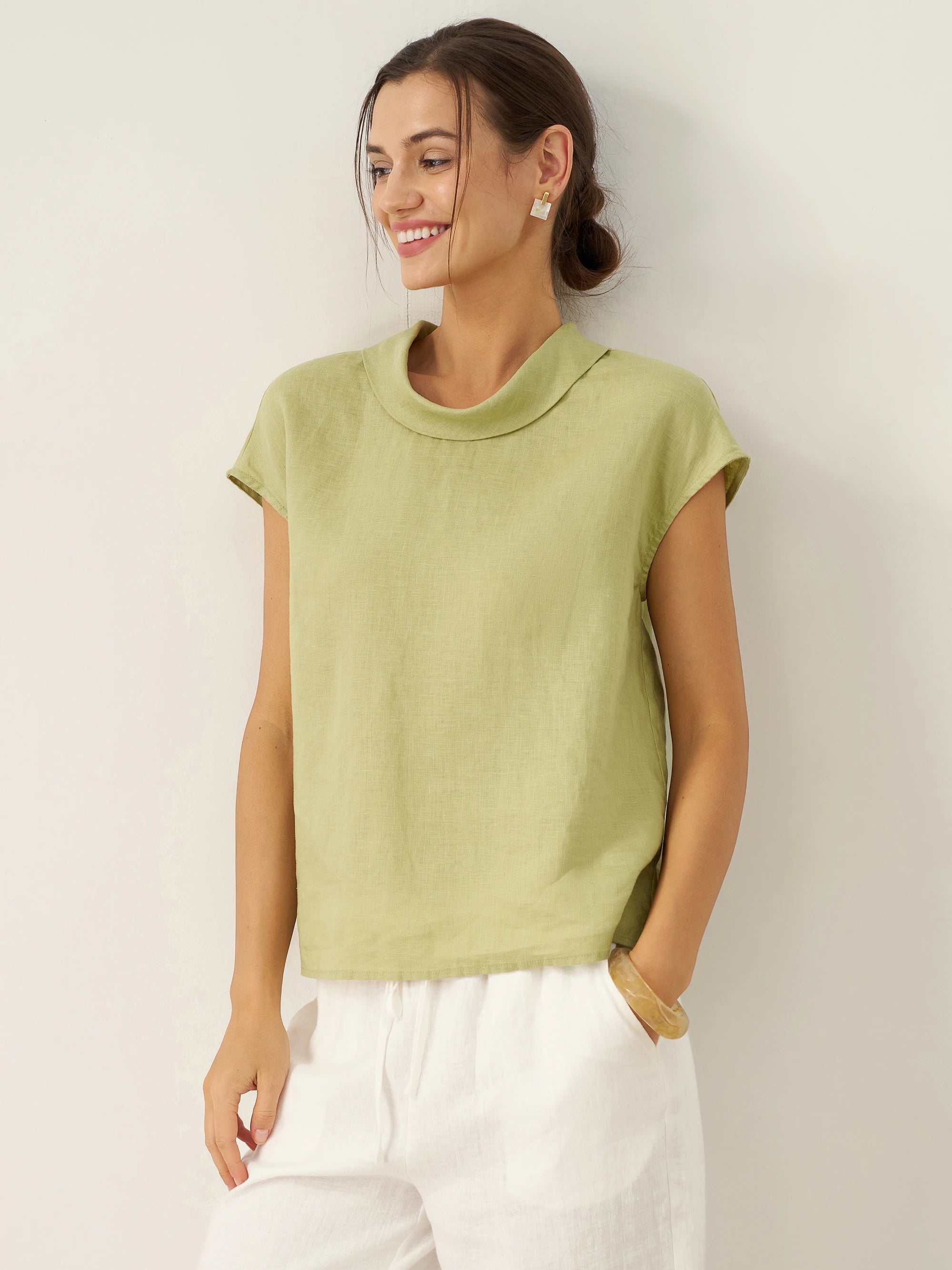 100% Linen Cap Sleeve Soft-Fold Collar Top