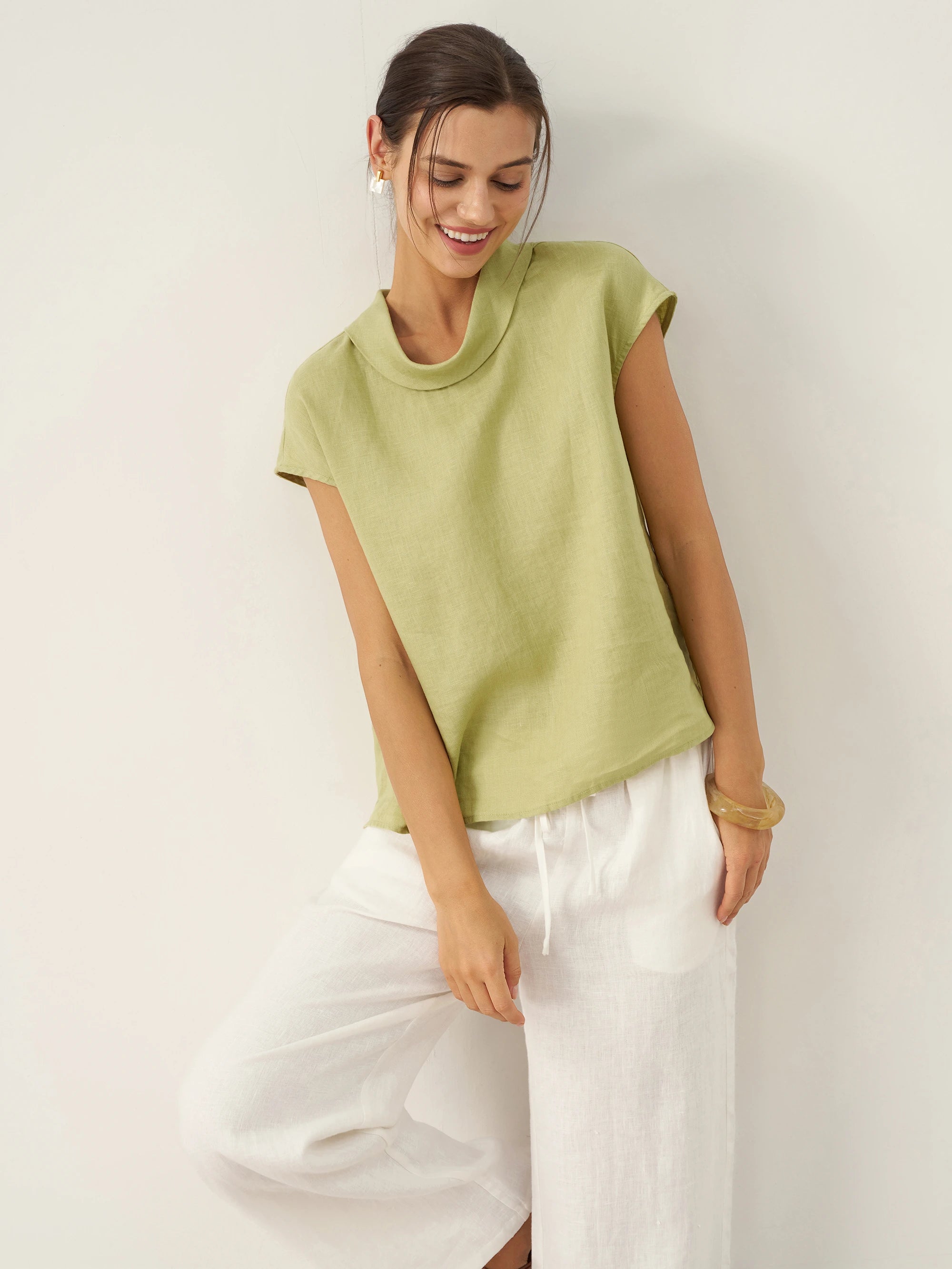 100% Linen Cap Sleeve Soft-Fold Collar Top