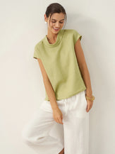 100% Linen Cap Sleeve Soft-Fold Collar Top YVONNE by LINTICO for women