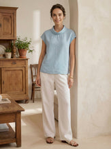 100% Linen Cap Sleeve Soft-Fold Collar Top YVONNE by LINTICO for women