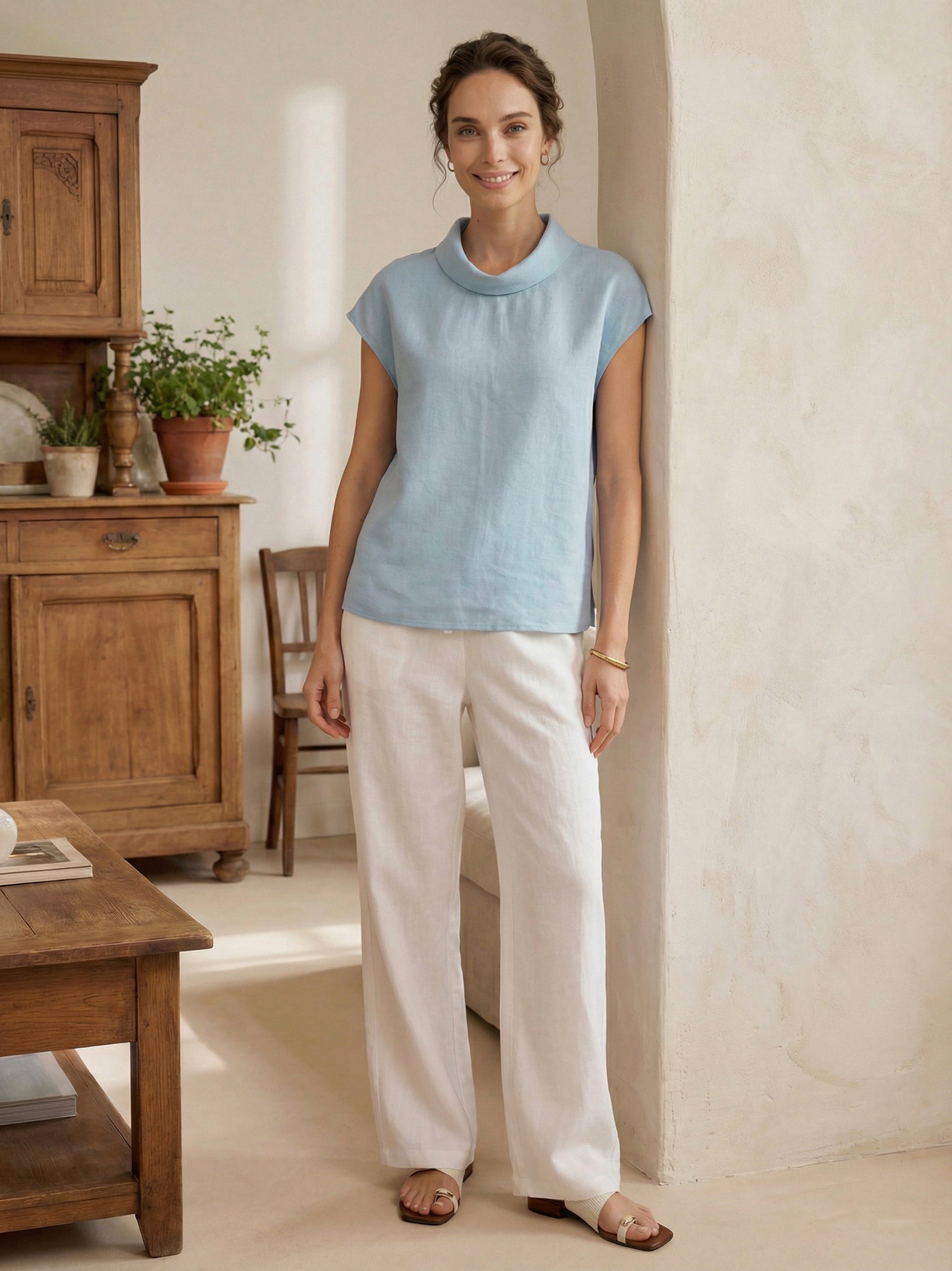 100% Linen Cap Sleeve Soft-Fold Collar Top YVONNE