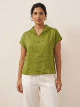 100% Linen Collared Cap Sleeve Top IVY by LINTICO for women