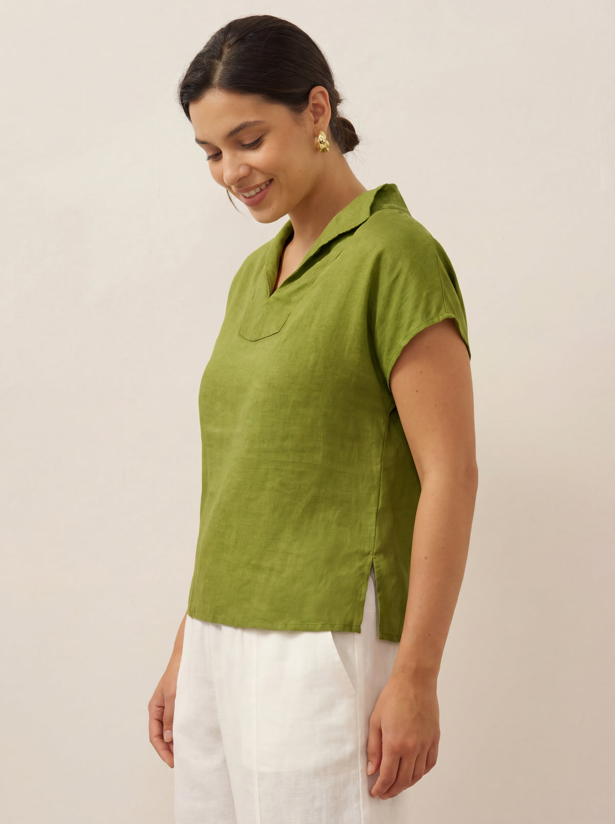 100% Linen Collared Cap Sleeve Top IVY by LINTICO for women