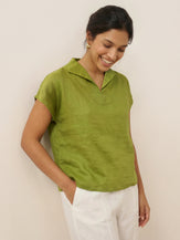 100% Linen Collared Cap Sleeve Top IVY by LINTICO for women