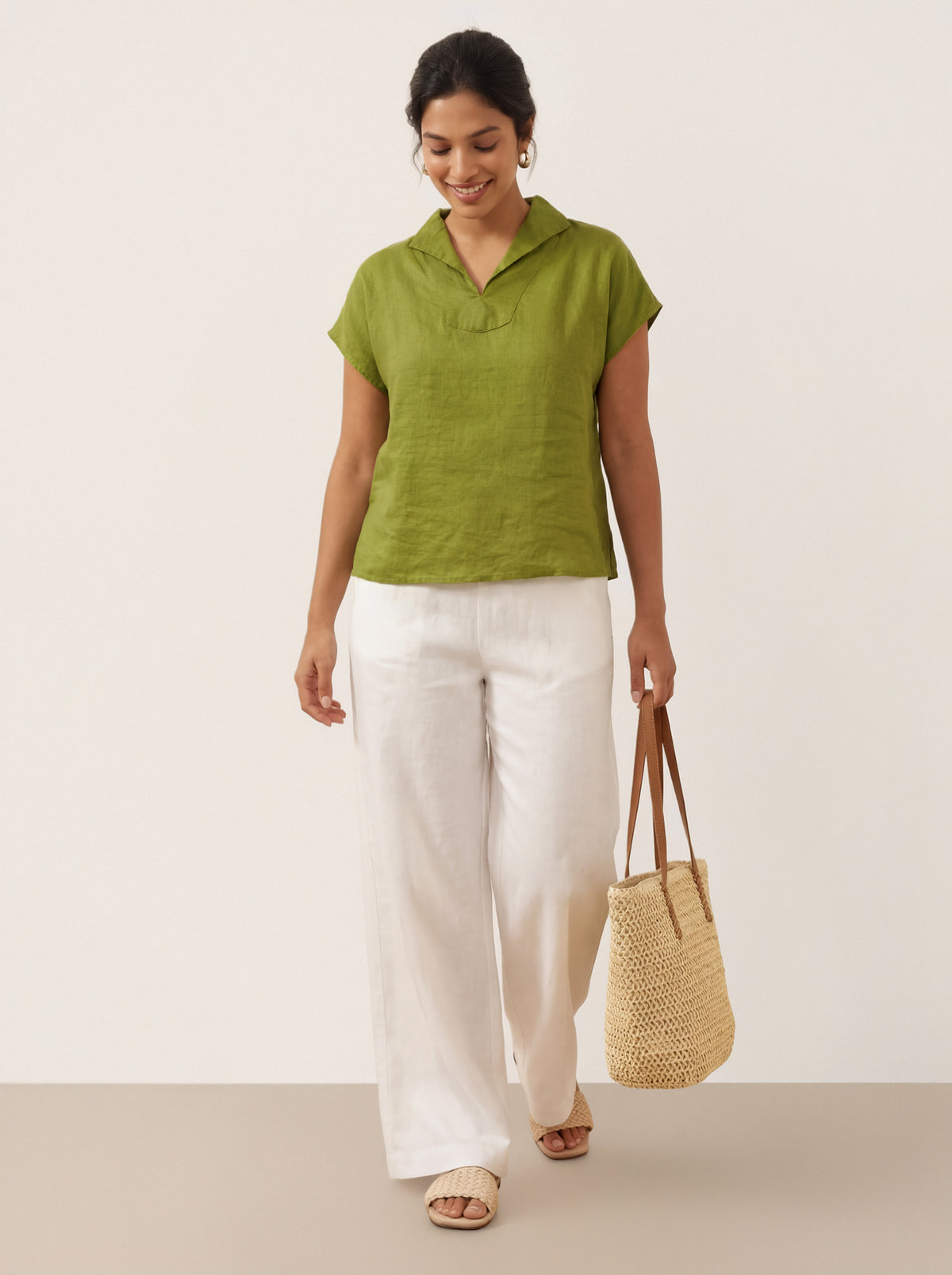 100% Linen Collared Cap Sleeve Top IVY by LINTICO for women