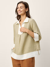 100% Linen Contrast Panel Lapel Sculpted Pleated Pullover Top VICTORIA by LINTICO for women