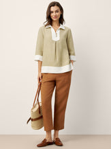 100% Linen Contrast Panel Lapel Sculpted Pleated Pullover Top VICTORIA by LINTICO for women