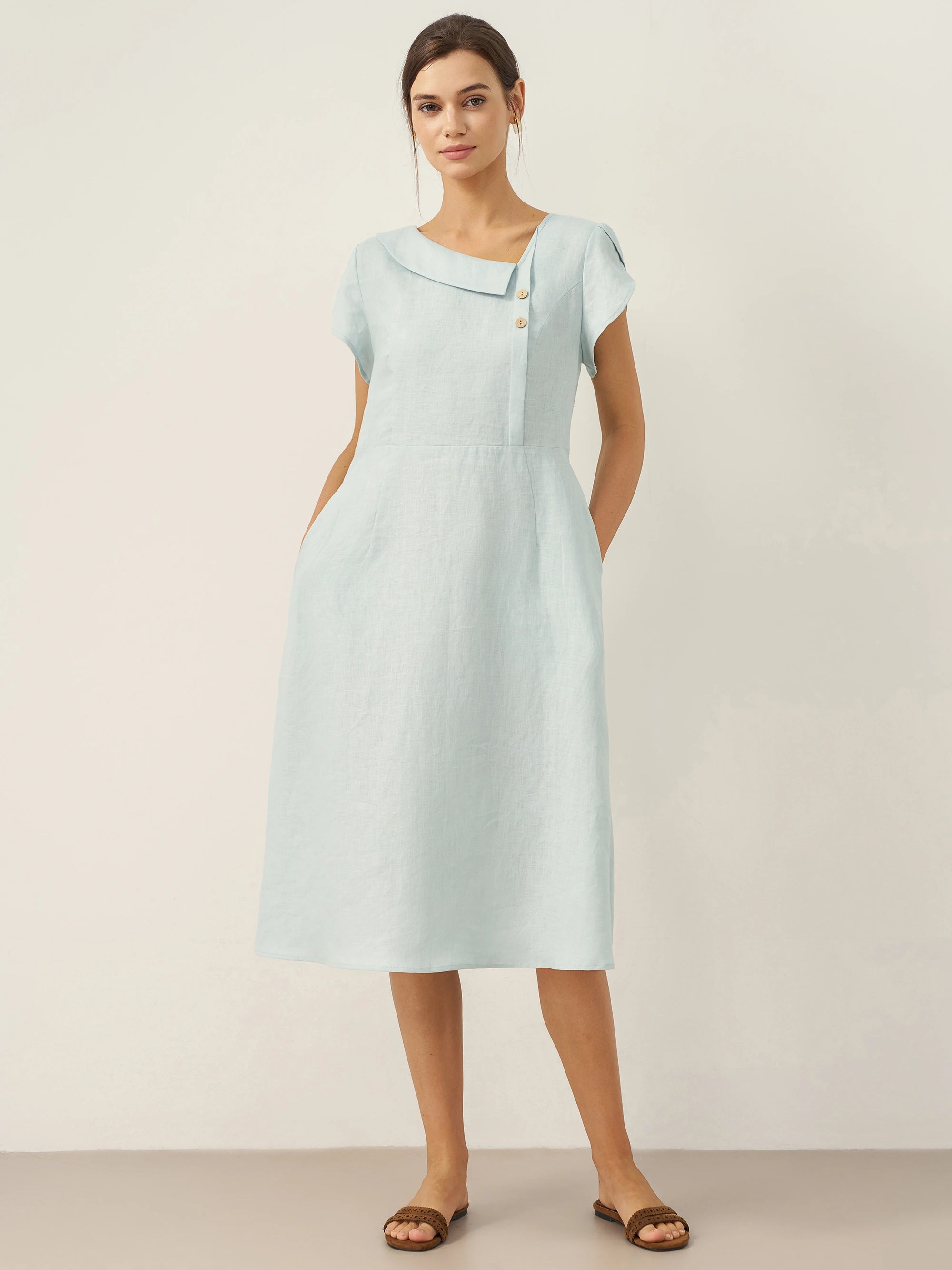 100% Linen Crescent Collar Flutter Sleeve Midi Dress Fiona