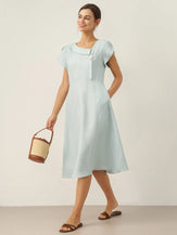 100% Linen Crescent Collar Flutter Sleeve Mini Dress FIONA by LINTICO for women