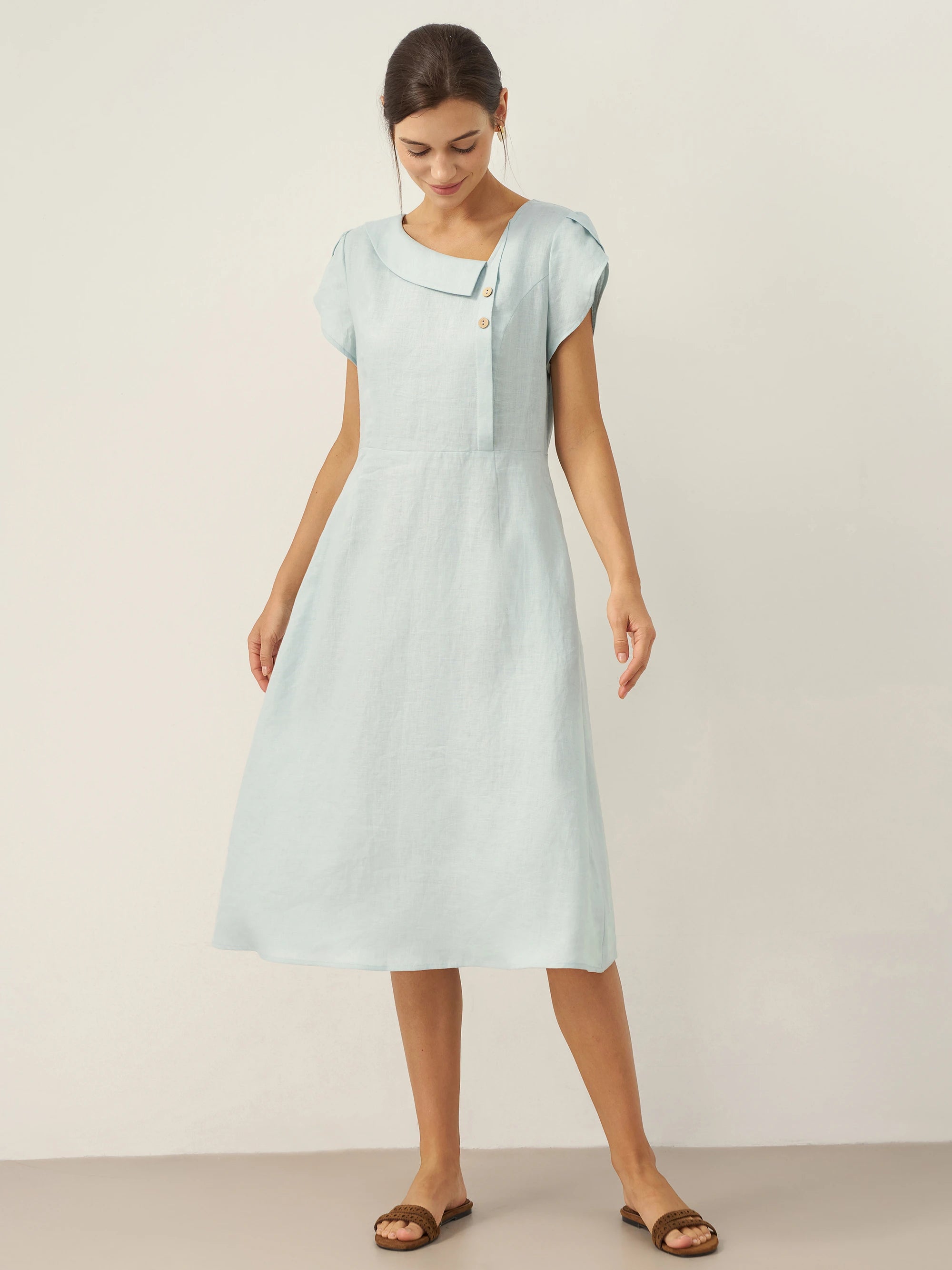 100% Linen Crescent Collar Flutter Sleeve Midi Dress Fiona