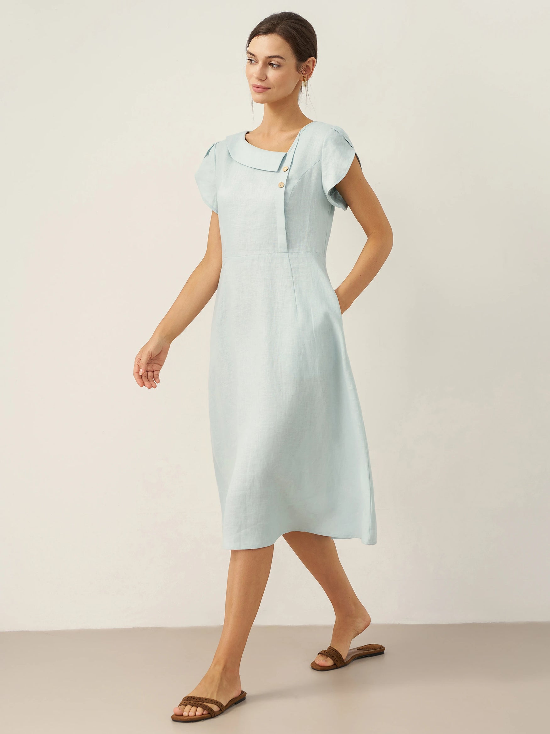 100% Linen Crescent Collar Flutter Sleeve Mini Dress FIONA by LINTICO for women