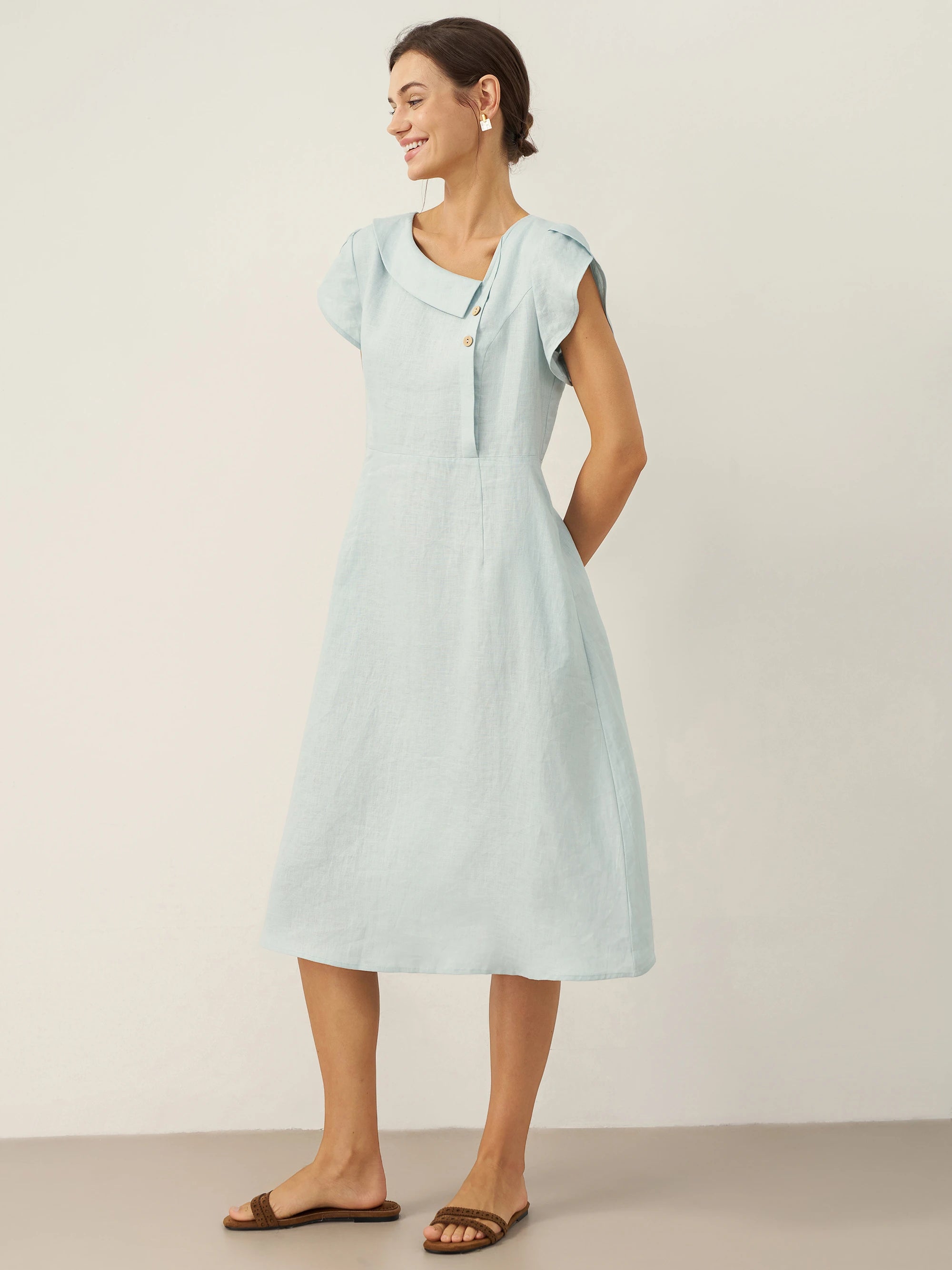 100% Linen Crescent Collar Flutter Sleeve Midi Dress Fiona