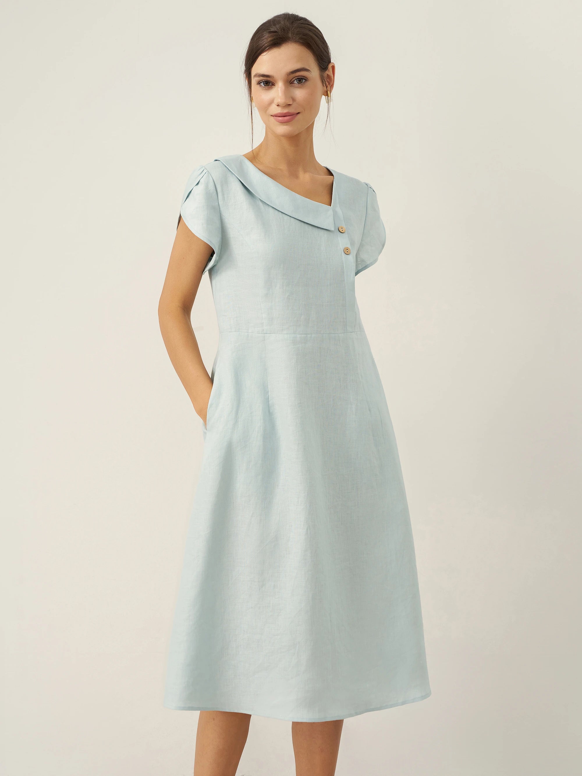100% Linen Crescent Collar Flutter Sleeve Midi Dress Fiona