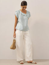 100% Linen Crescent Collar Flutter Sleeve Top FARA by LINTICO for women