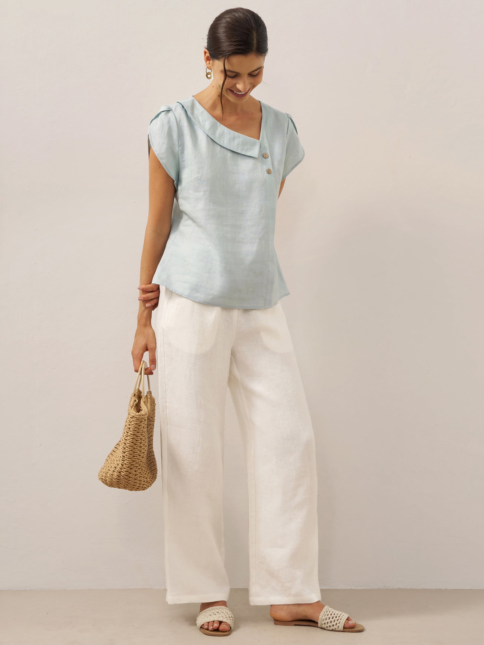 100% Linen Crescent Collar Flutter Sleeve Top FARA by LINTICO for women