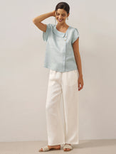 100% Linen Crescent Collar Flutter Sleeve Top FARA by LINTICO for women