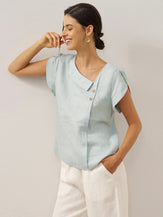 100% Linen Crescent Collar Flutter Sleeve Top FARA by LINTICO for women