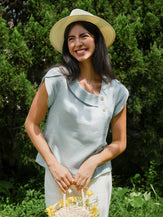 100% Linen Crescent Collar Flutter Sleeve Top FARA by LINTICO for women