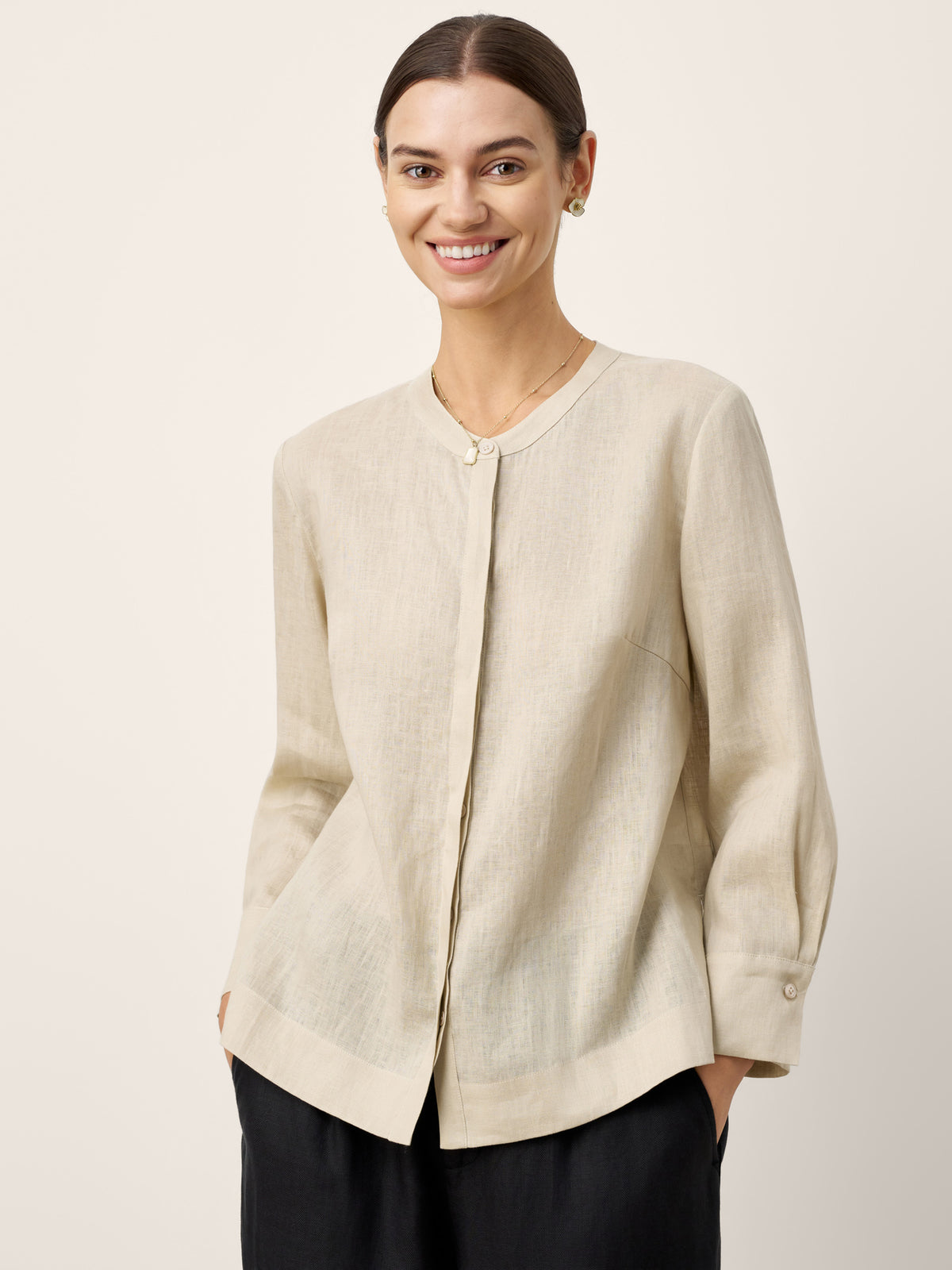 100% Linen Hidden Button Crew Neck Shirt INES