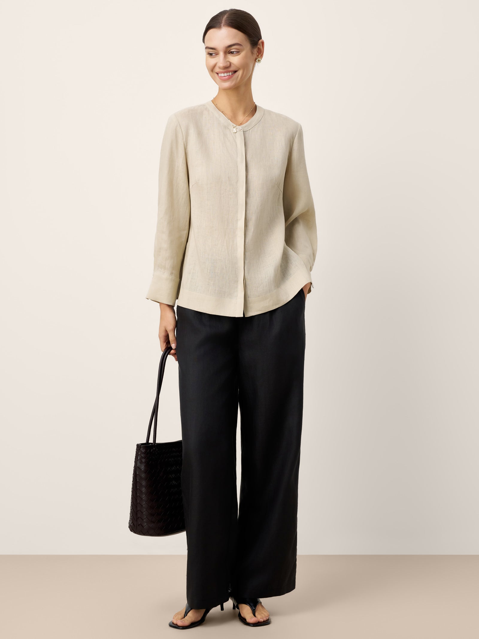 100% Linen Hidden Button Crew Neck Shirt INES by LINTICO for women