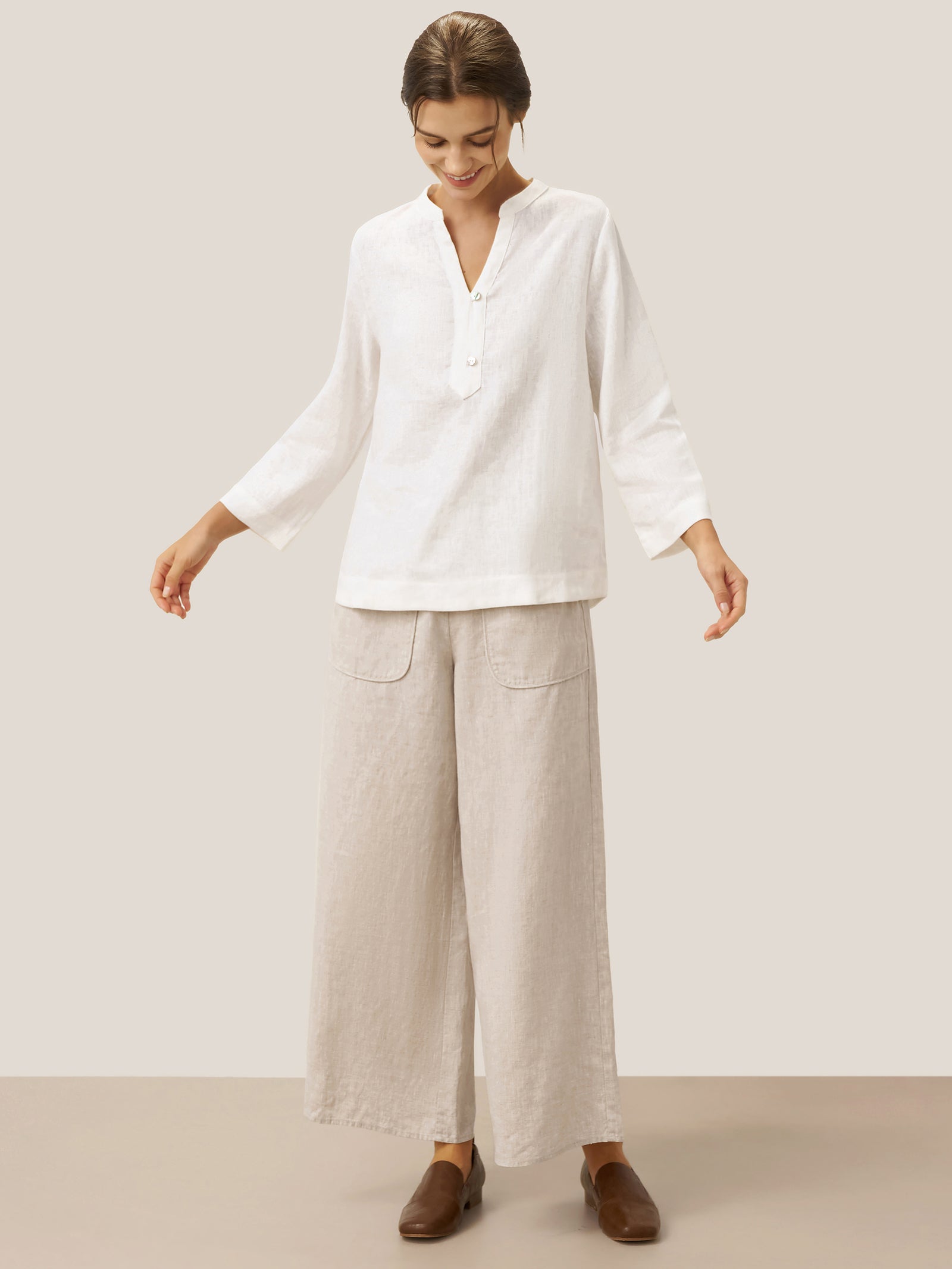 100% Linen Deep V-Neck Pullover with Button-Trim JOLYNE by LINTICO for women
