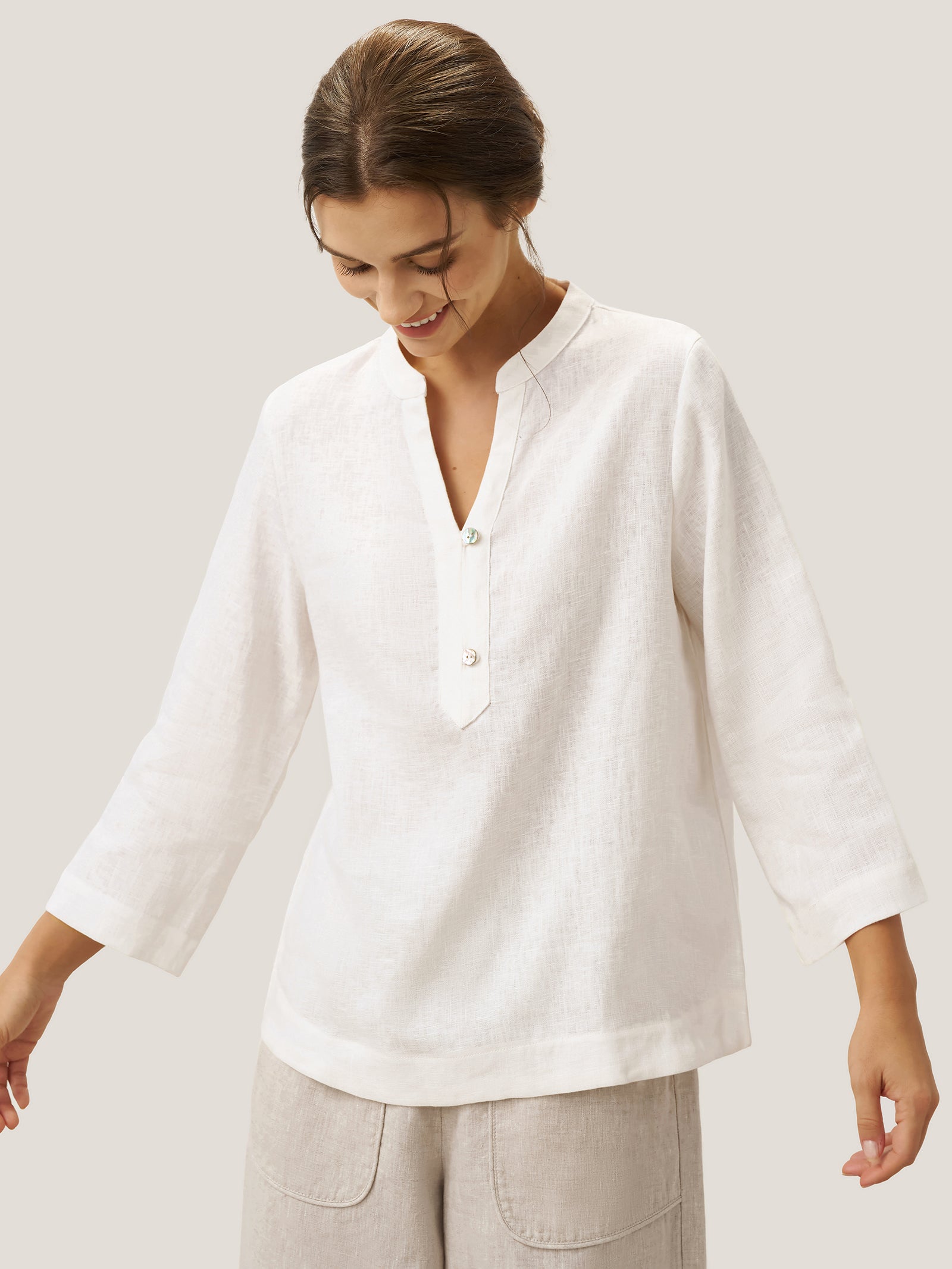 100% Linen Deep V-Neck Pullover with Button-Trim JOLYNE by LINTICO for women