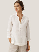 100% Linen Deep V-Neck Pullover with Button-Trim JOLYNE by LINTICO for women