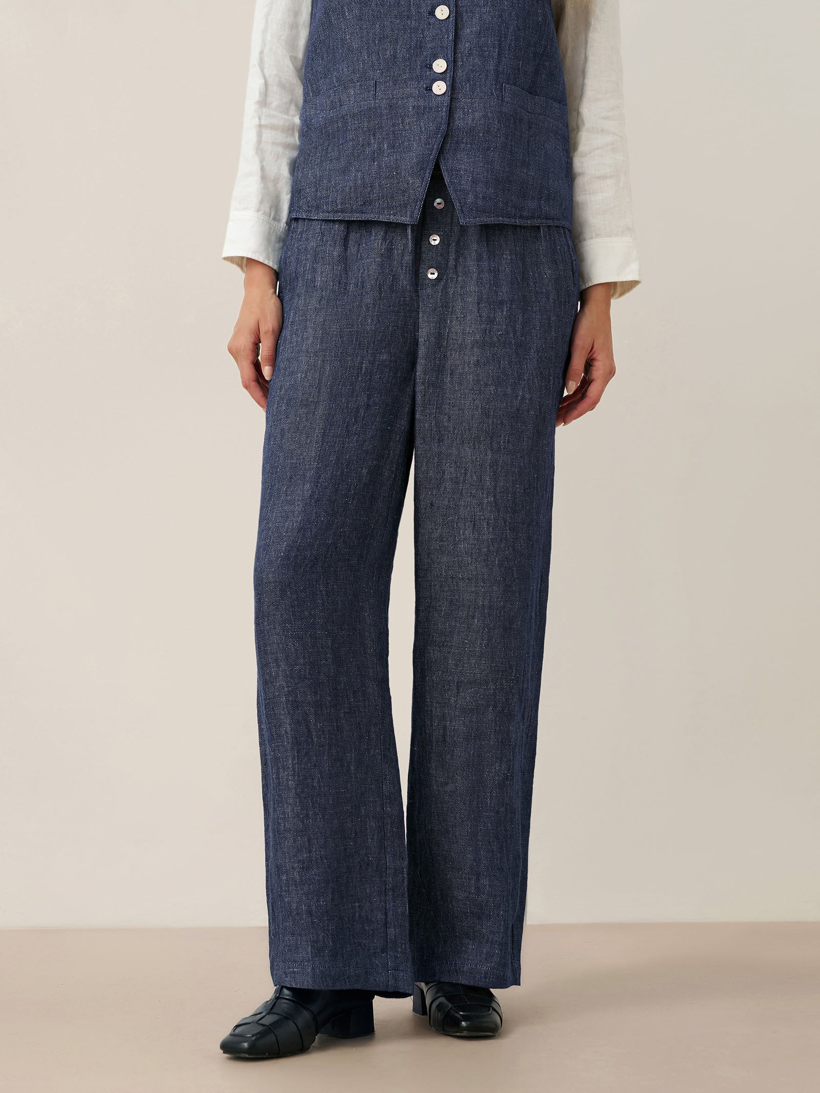 100% Linen Denim Texture Elastic Waist Straight Leg Pants HAZEL by LINTICO, fabric detail for women