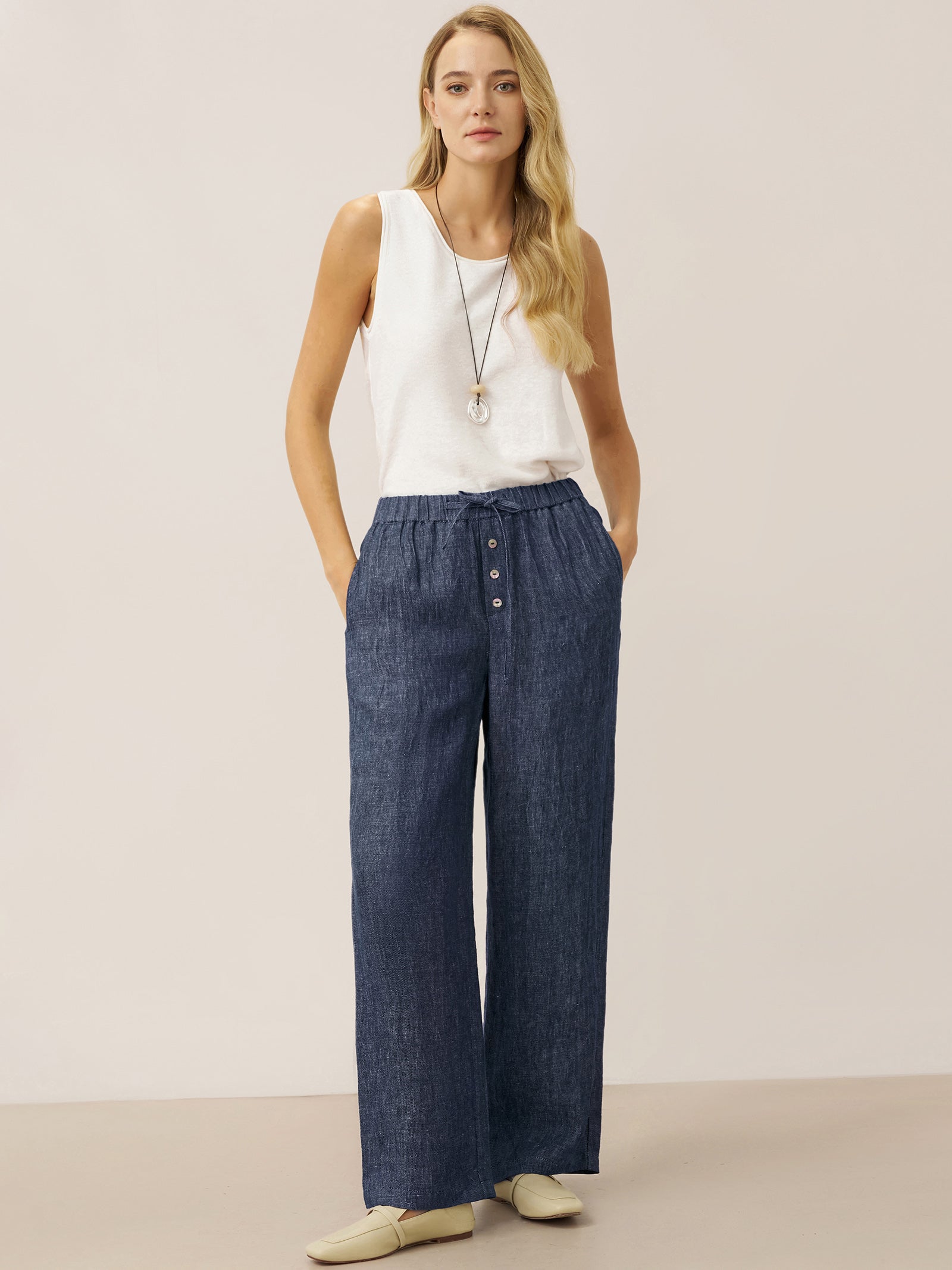 100% Linen Denim Texture Elastic Waist Straight Leg Pants HAZEL by LINTICO, fabric detail for women
