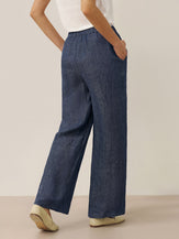 100% Linen Denim Texture Elastic Waist Straight Leg Pants HAZEL by LINTICO, fabric detail for women