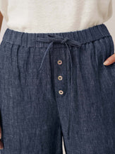 100% Linen Denim Texture Elastic Waist Straight Leg Pants HAZEL by LINTICO, fabric detail for women