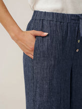 100% Linen Denim Texture Elastic Waist Straight Leg Pants HAZEL by LINTICO, fabric detail for women