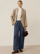 100% Linen Denim Texture Elastic Waist Straight Leg Pants HAZEL by LINTICO, fabric detail for women