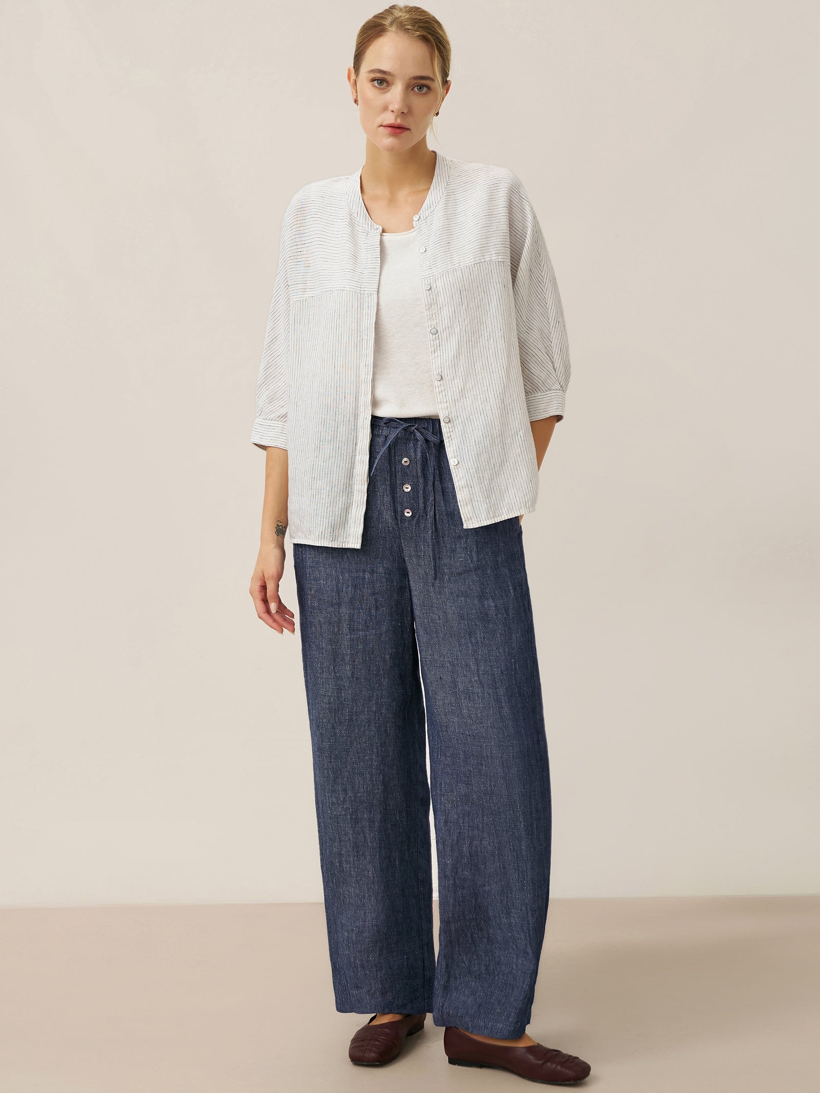 100% Linen Denim Texture Elastic Waist Straight Leg Pants HAZEL by LINTICO, fabric detail for women