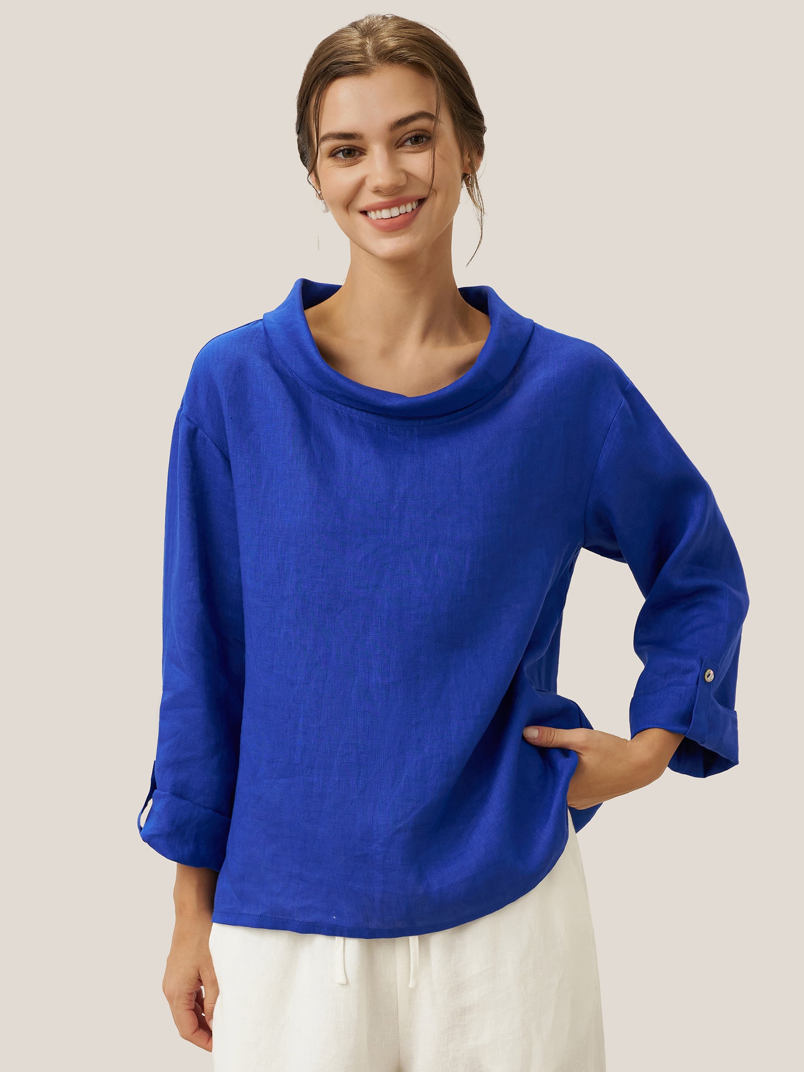 100% Linen Draped Neck Top HOLLIS by LINTICO for women