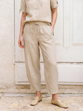 100% Linen Drawstring Waist Tapered Cropped Pants LANEY by LINTICO for women