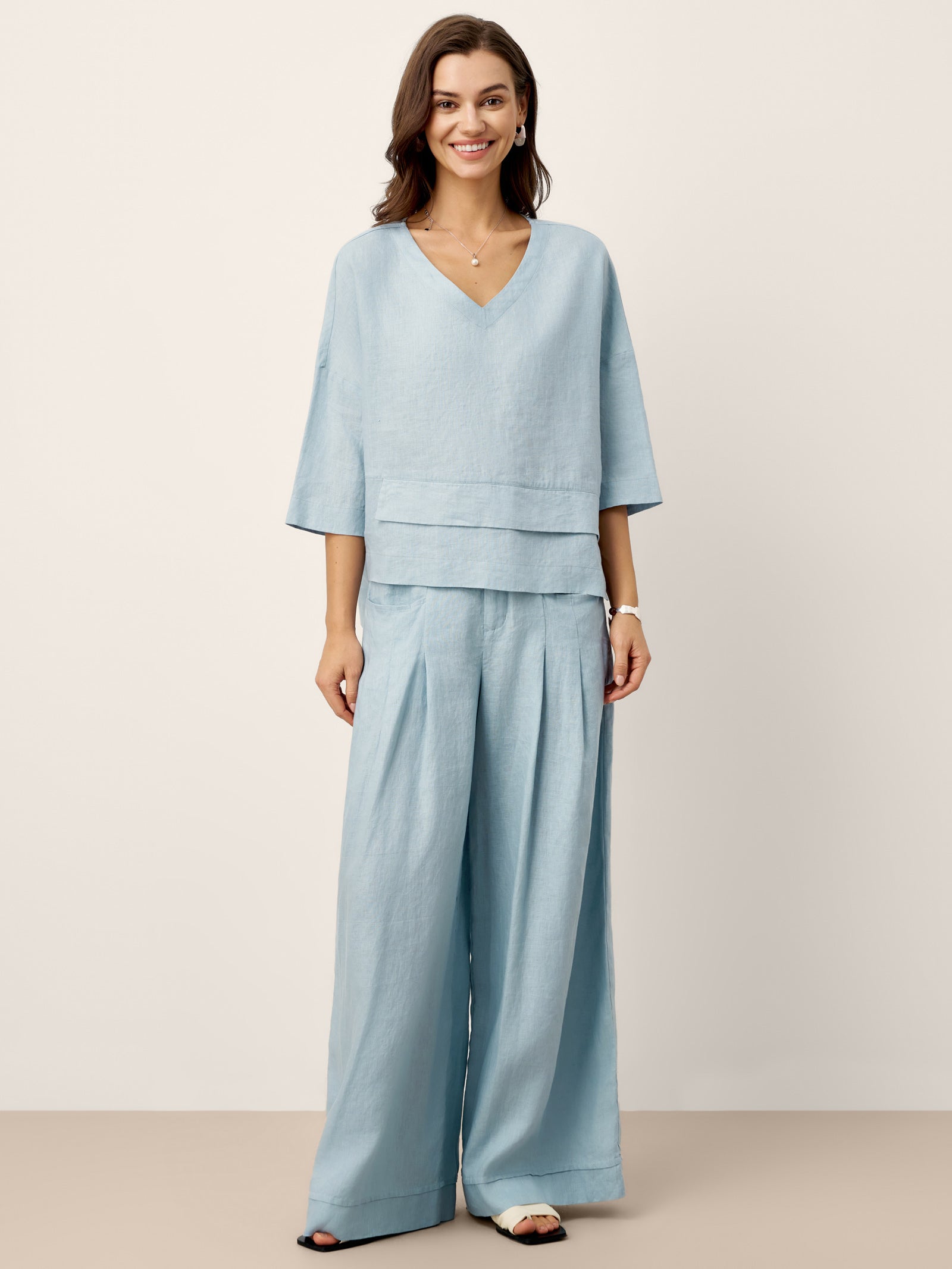 100% Linen Drop Shoulder Asymmetric Layered Hem Overtop VIOLA