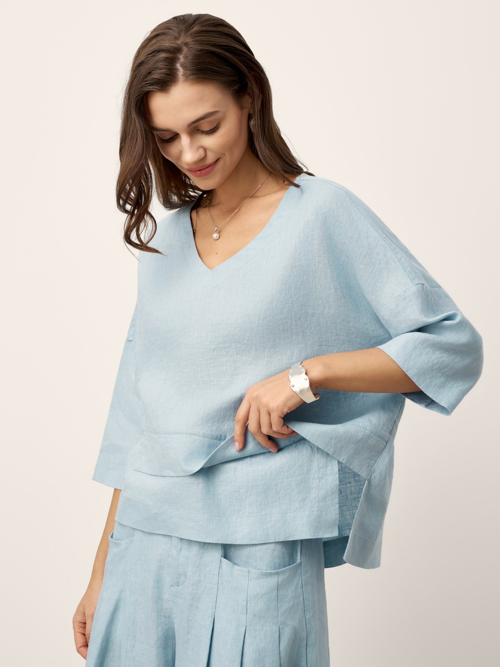 100% Linen Drop Shoulder Asymmetric Layered Hem Overtop VIOLA
