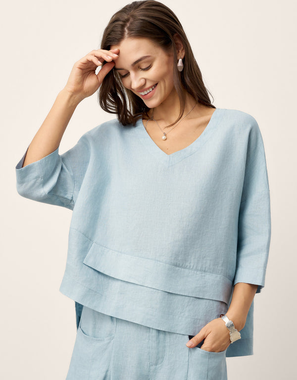 100% Linen Drop Shoulder Asymmetric Layered Hem Overtop VIOLA