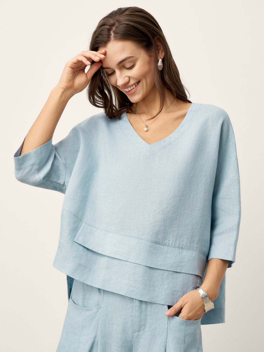 100% Linen Rolled Collar Asymmetric Button Midi Dress ELARAINE