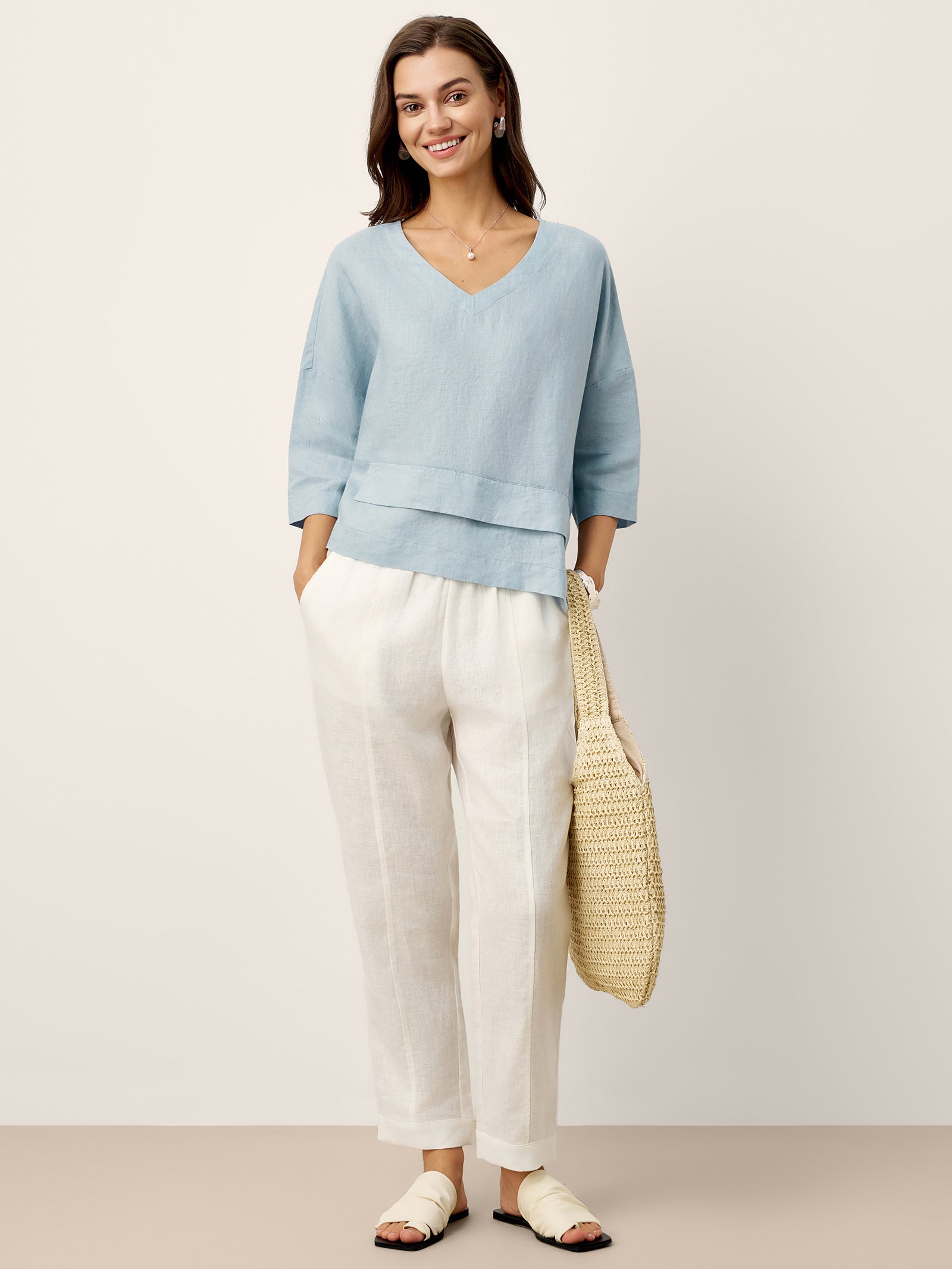 100% Linen Drop Shoulder Asymmetric Layered Hem Overtop VIOLA