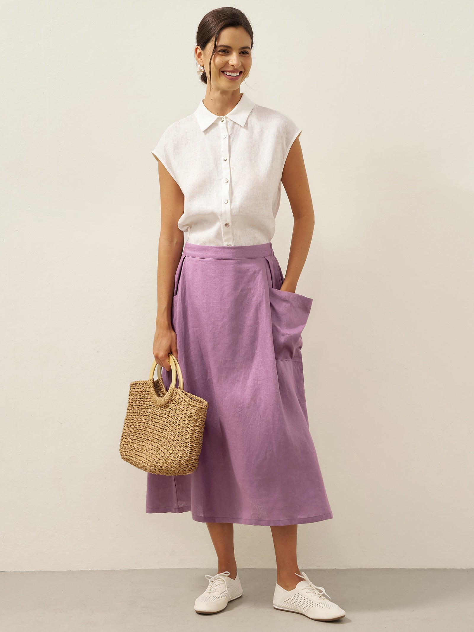 Comfort Fit Linen Elastic Waist Skirt | A-Line Midi Design
