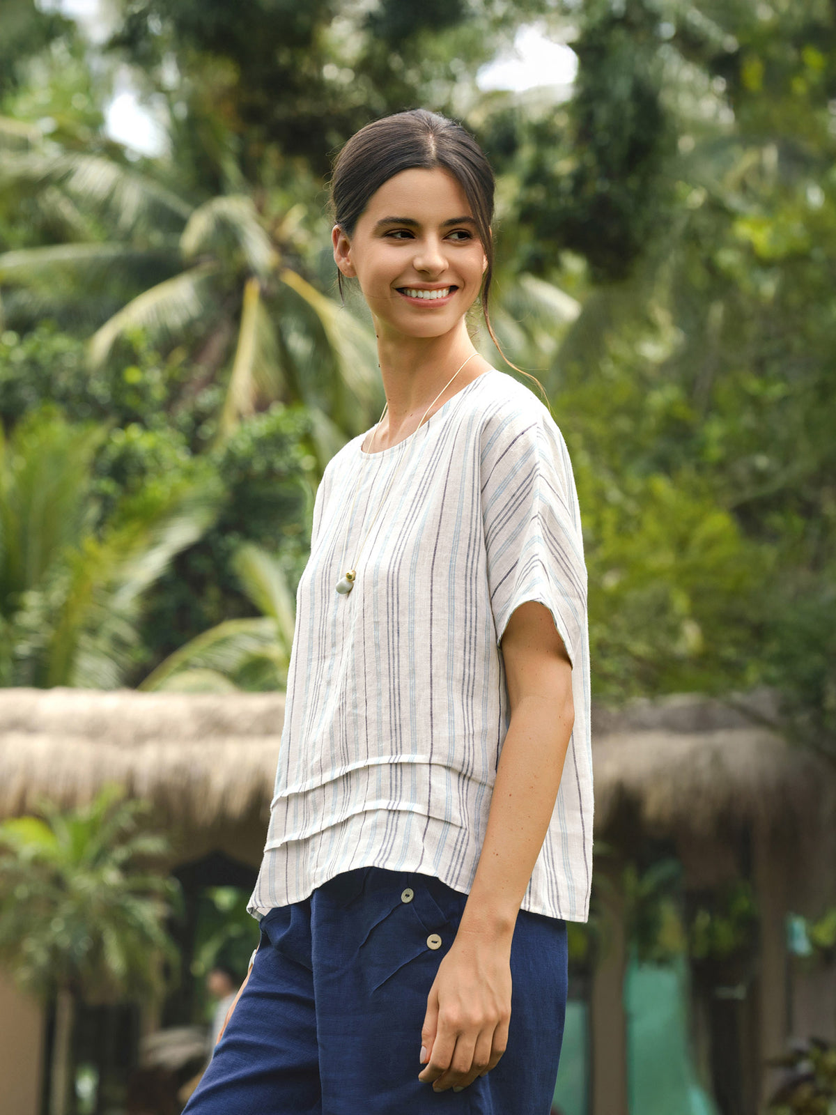 100% Linen Pleated Striped Pullover Top VIA by LINTICO for women