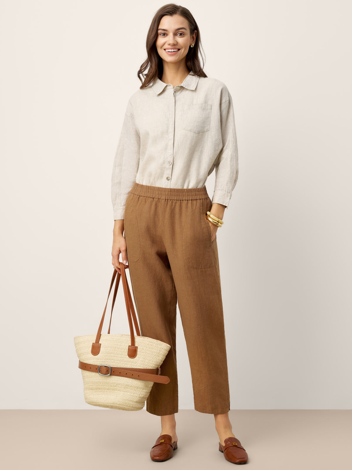 100% Linen Elasticated Waist Ankle Pants GWEN by LINTICO for women