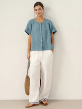 100% Linen Embroidered Elastic Waist Pants FENE by LINTICO for women