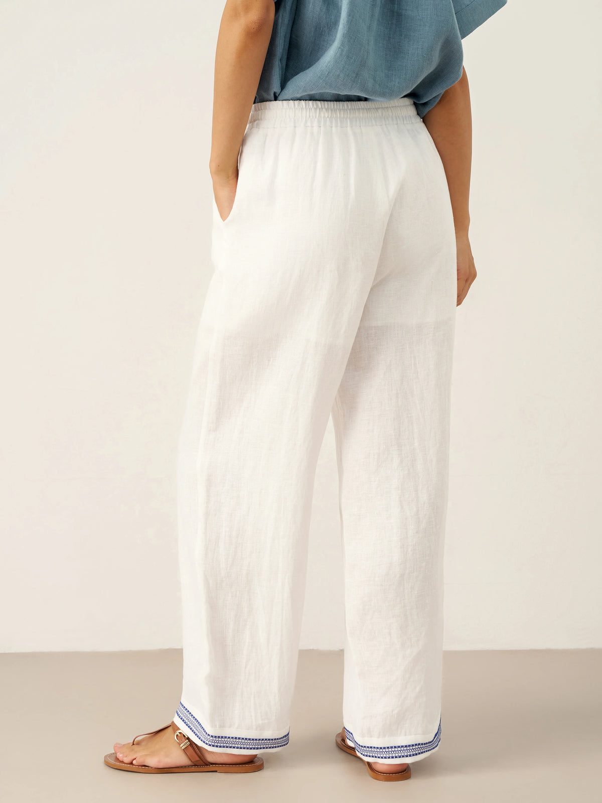 100% Linen Embroidered Elastic Waist Pants FENE by LINTICO for women