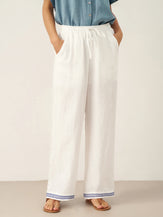 100% Linen Embroidered Elastic Waist Pants FENE by LINTICO for women