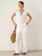 100% Linen Embroidered Elastic Waist Pants FENE by LINTICO for women